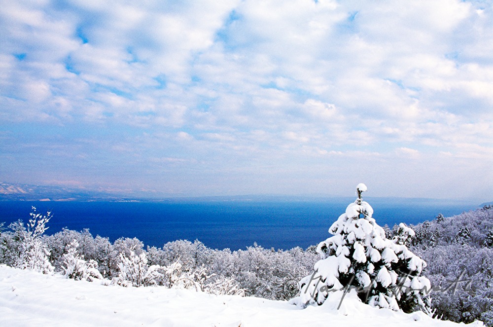 winterlicher Wald und Blick zur Adria