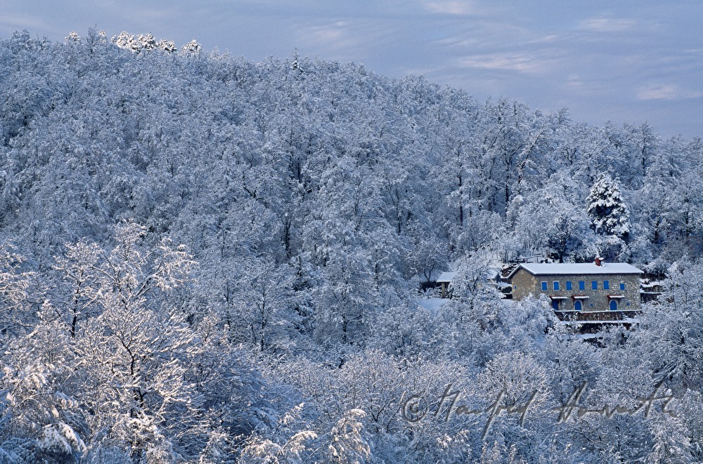 winterlicher Wald und Steinhaus