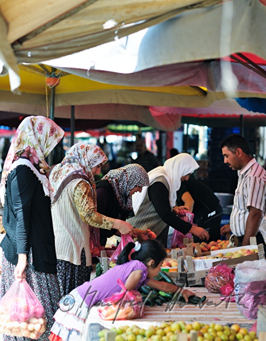 Frauen kaufen ein auf dem Wochenmarkt