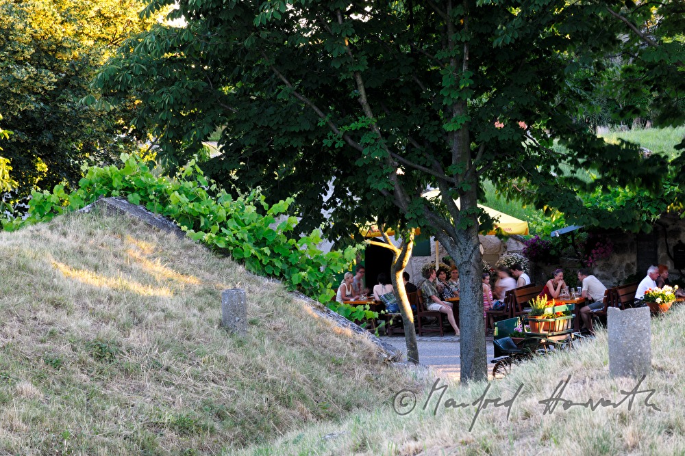 Blick durch die Weinkeller zu einem Heurigen in der Kellergasse