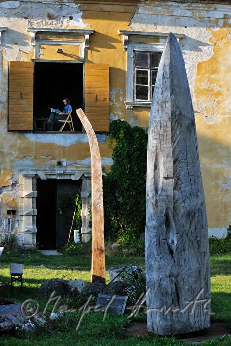 Johann Feilacher mit Baum-Skulpturen am Fenster seines Ateliers