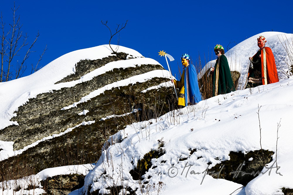 Sternsinger überqueren eine Waldlichtung