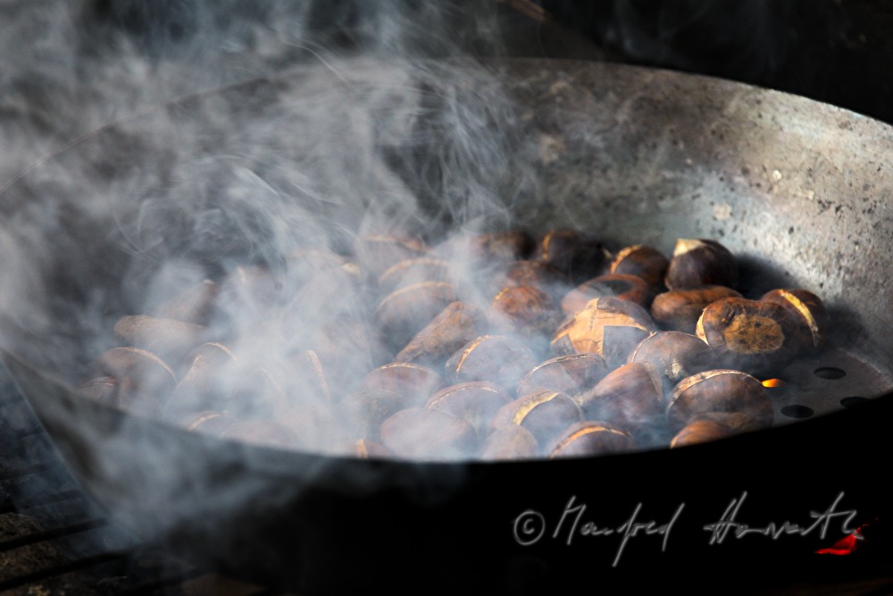 Maronibraten beim Kastanienfest im Wald