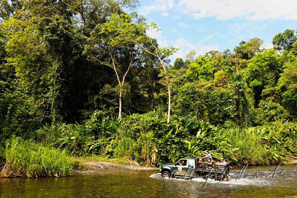 Touristengruppe passiert einen Fluss