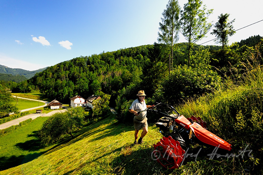 Bergbauer mäht die Wiese mit dem Motormäher