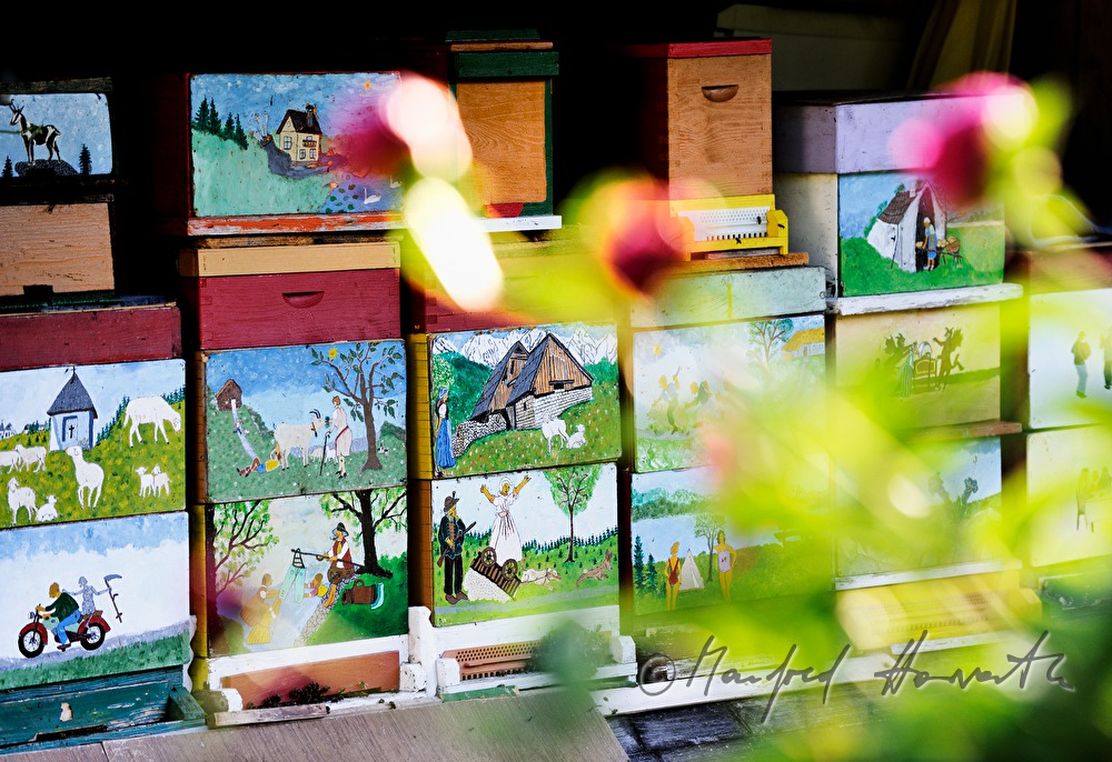 bunt bemalte Bienenstöcke