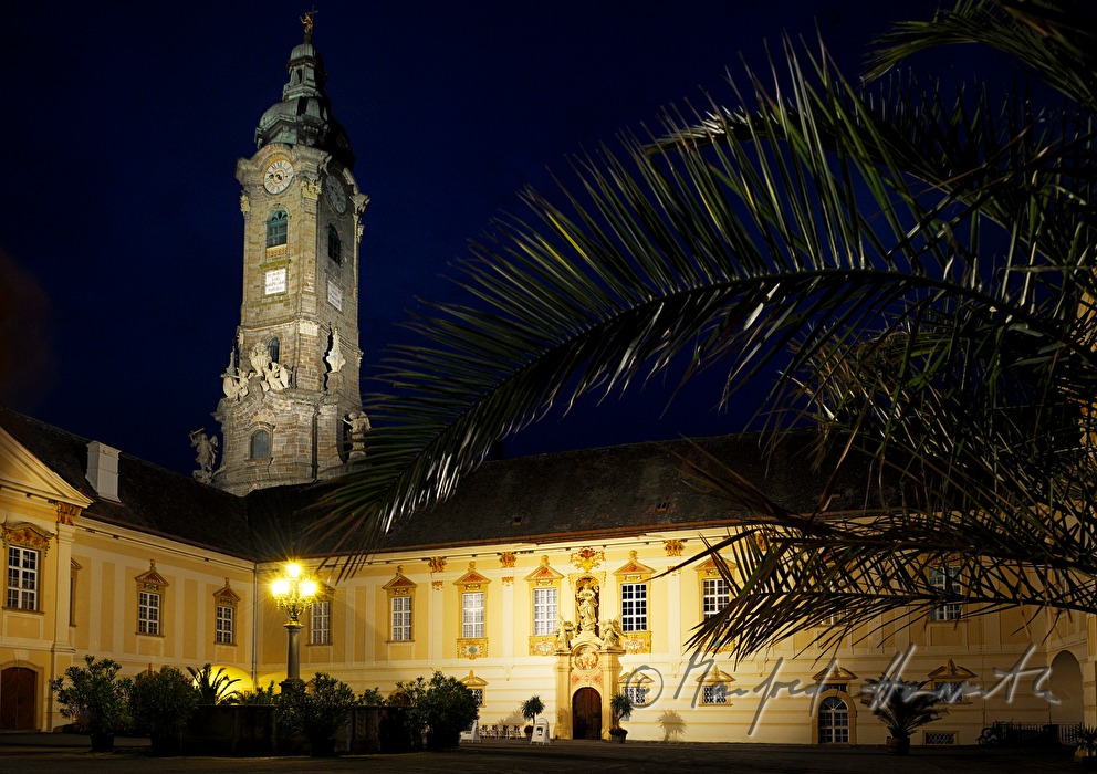 Innenhof mit Stiftskirche und Palme