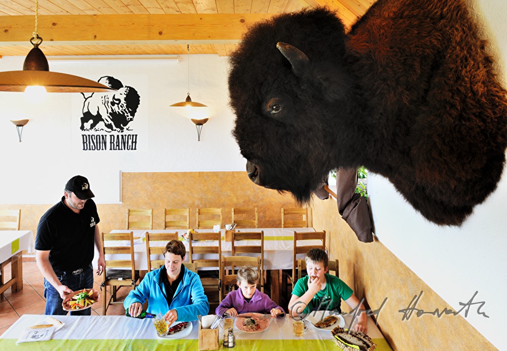 Bison-Bauern-Familie Baumgartner beim Essen in ihrem Lokal
