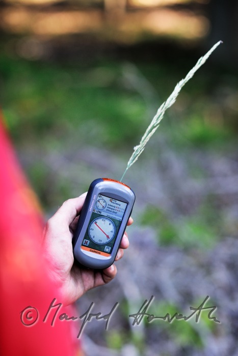GPS-Gerät und Geocache beim Ort des Versteckes