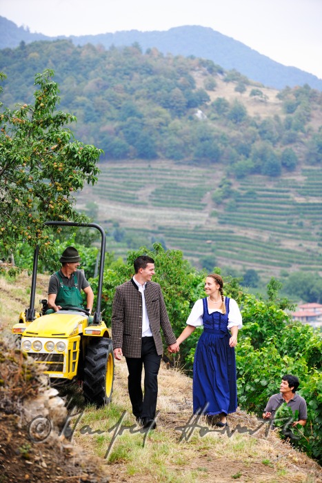 Spaziergänger in Wachauer Tracht gehen durch den Weingarten