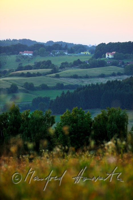 Hügellandschaft mit vereinzelten Höfen