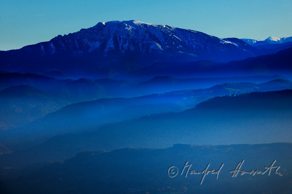 Blick von Wieselburg zum Ötscher (aus einer Höhe von 700 Metern)
